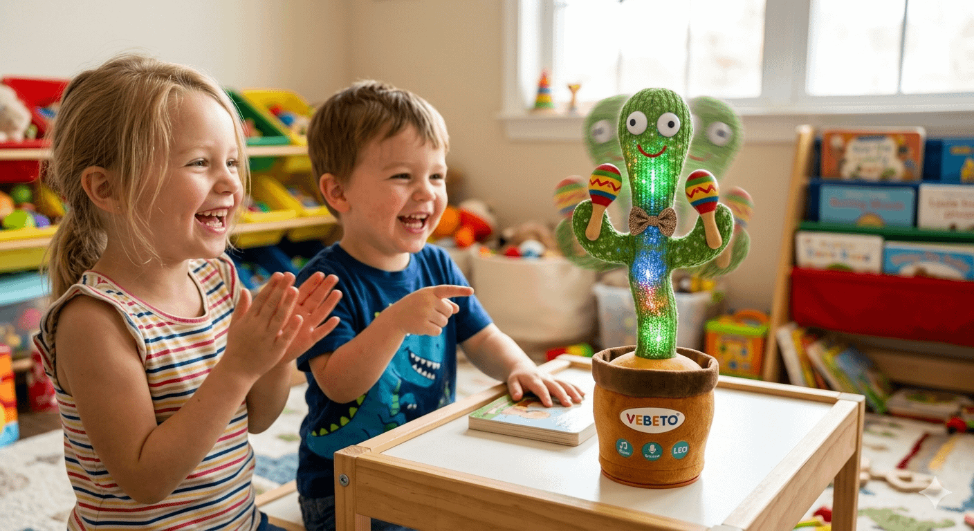 Two kids enjoying a dancing toy