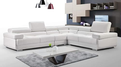 ES ESPINHO Eva Solid Sal Wood Leatherette Upholstered 5 Seater Right Hand Side Facing Modular, Sectional, Corner L Shape Sofa Set for Living Room with 5 Adjustable & 2 Fixed Headrest, White Color