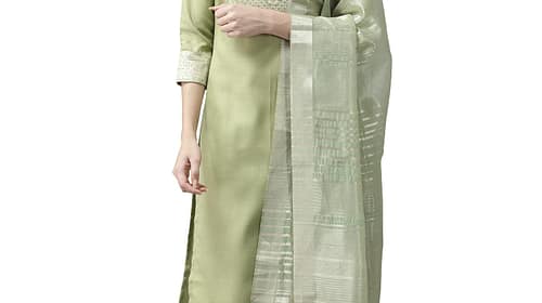 INDO ERA Women's Cotton Blend Solid Straight Kurta Palazzo with Dupatta Set (Green_KD4GN4028_Large)