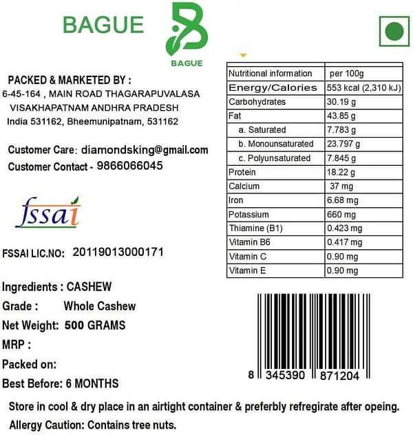 Bague Cashews Special Natural Raw Organic Cashew Nuts Kaju (500 g) - Image 2