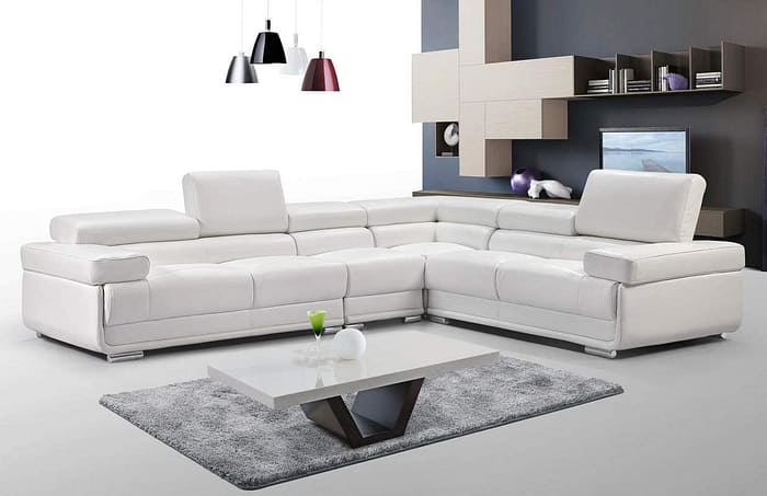 ES ESPINHO Eva Solid Sal Wood Leatherette Upholstered 5 Seater Right Hand Side Facing Modular, Sectional, Corner L Shape Sofa Set for Living Room with 5 Adjustable & 2 Fixed Headrest, White Color