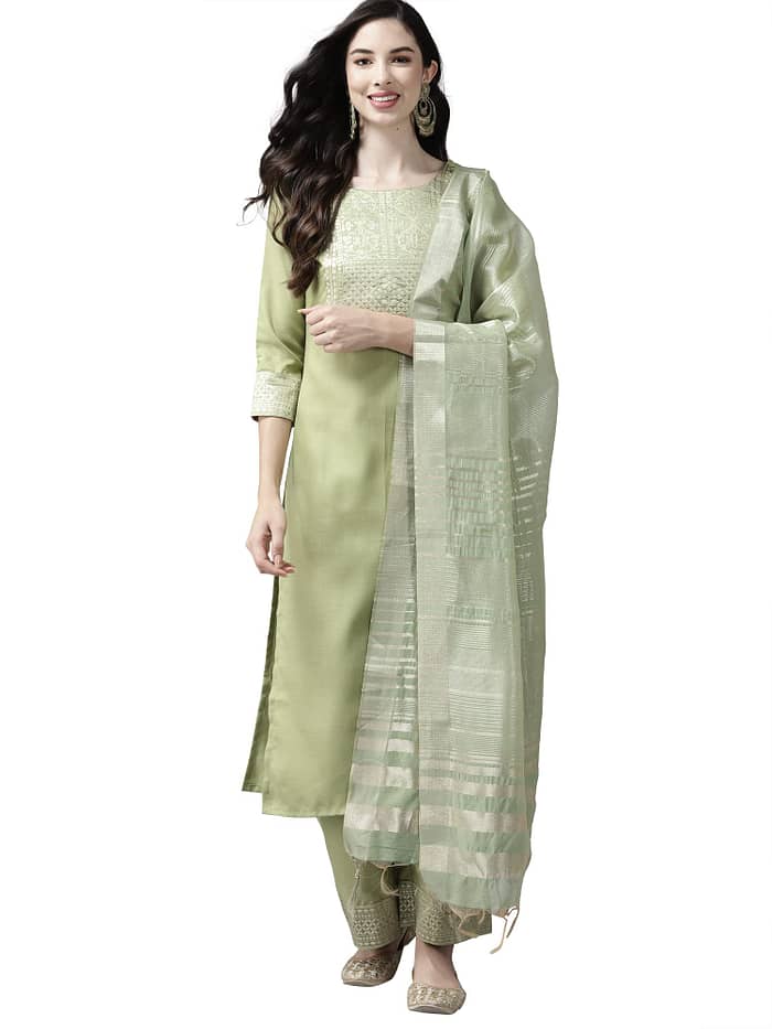 INDO ERA Women's Cotton Blend Solid Straight Kurta Palazzo with Dupatta Set (Green_KD4GN4028_Large)